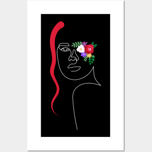 Flowers Lady with Red Hair | One Line Drawing | One Line Art | Minimal | Minimalist Posters and Art